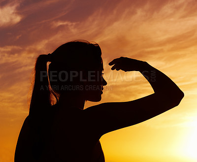 Buy stock photo Silhouette, thinking and woman by sunset outdoor for vacation, holiday and adventure in Puerto Rico. Scenic view, travel and girl by orange sky for peace, relax and ideas in nature for wellness