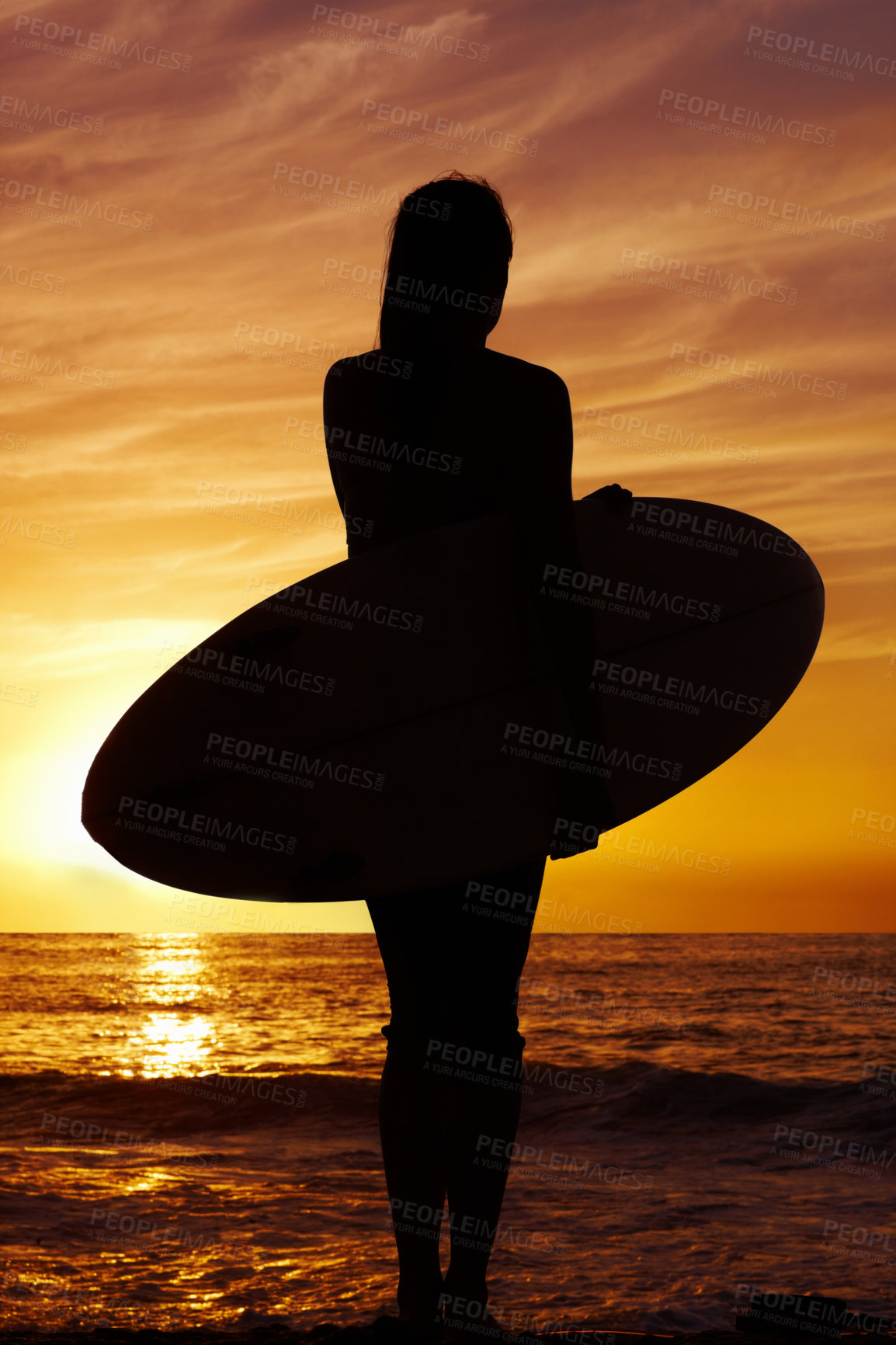 Buy stock photo Woman, surfboard and silhouette for sunset or nature, ocean or water sports or surfing. Summer, waves and beach for sunlight for female person, vacation or travel for exercise or health and wellness 