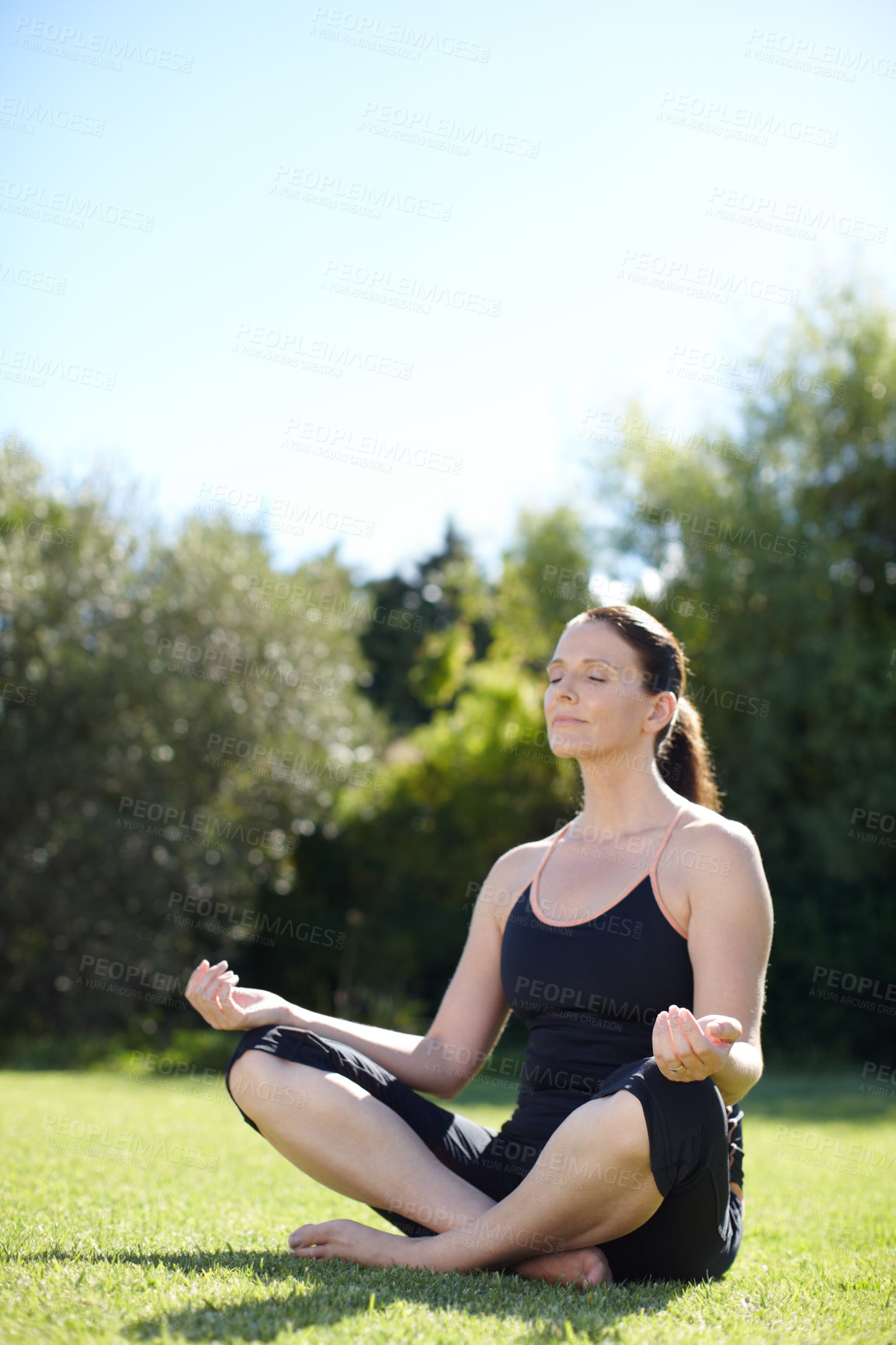 Buy stock photo Woman, exercise or yoga outdoor in backyard for wellness, peace and health training in tree pose for balance. Female person, active and calm outside for pilates, relax or vrikshasana practice