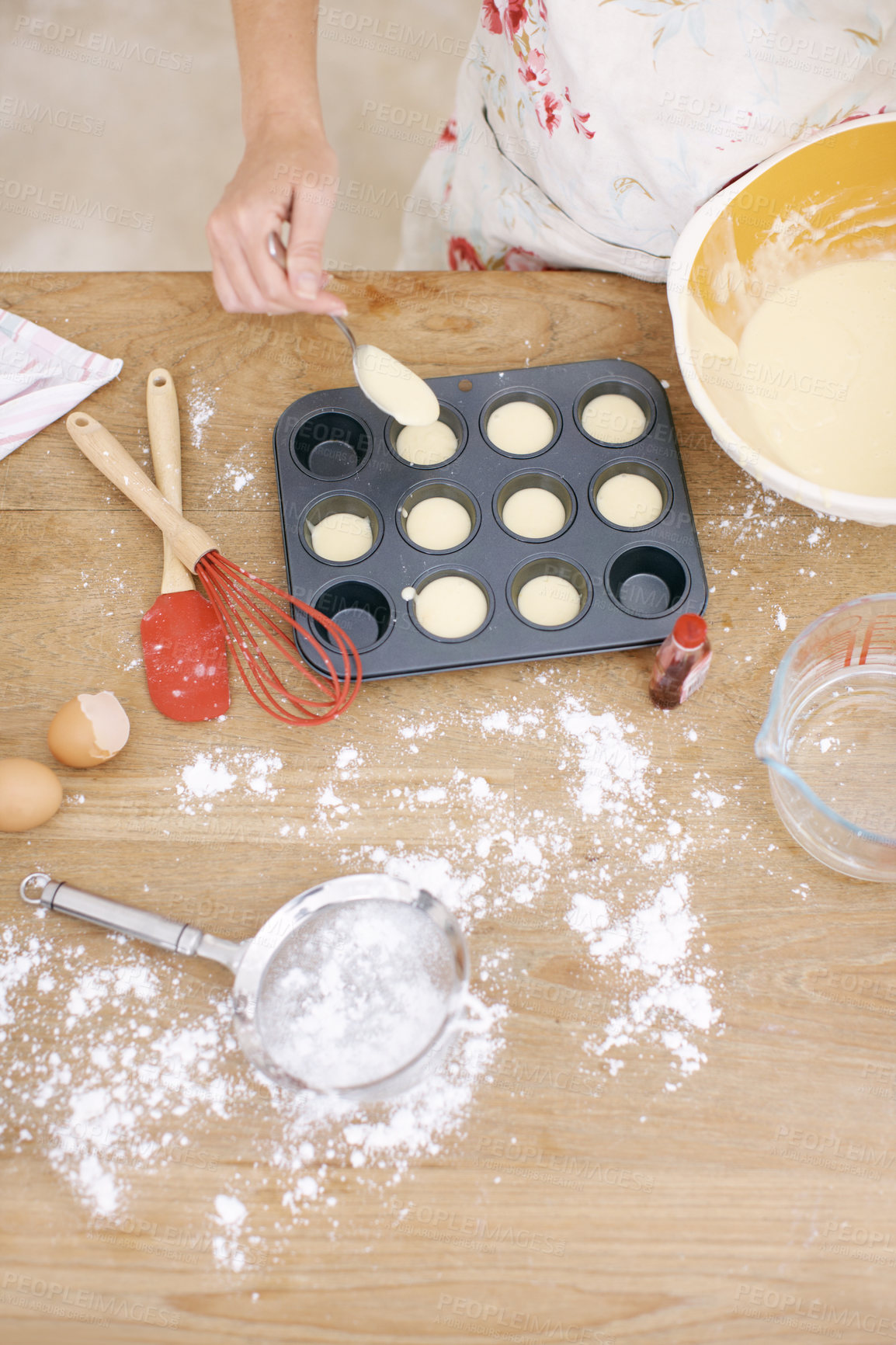 Buy stock photo Top view, hands and cooking tray with eggs for cupcakes, flour and whisk on kitchen counter. Preparation, sweets and food in cafe for baking, dessert and cookies for small business and coffee shop