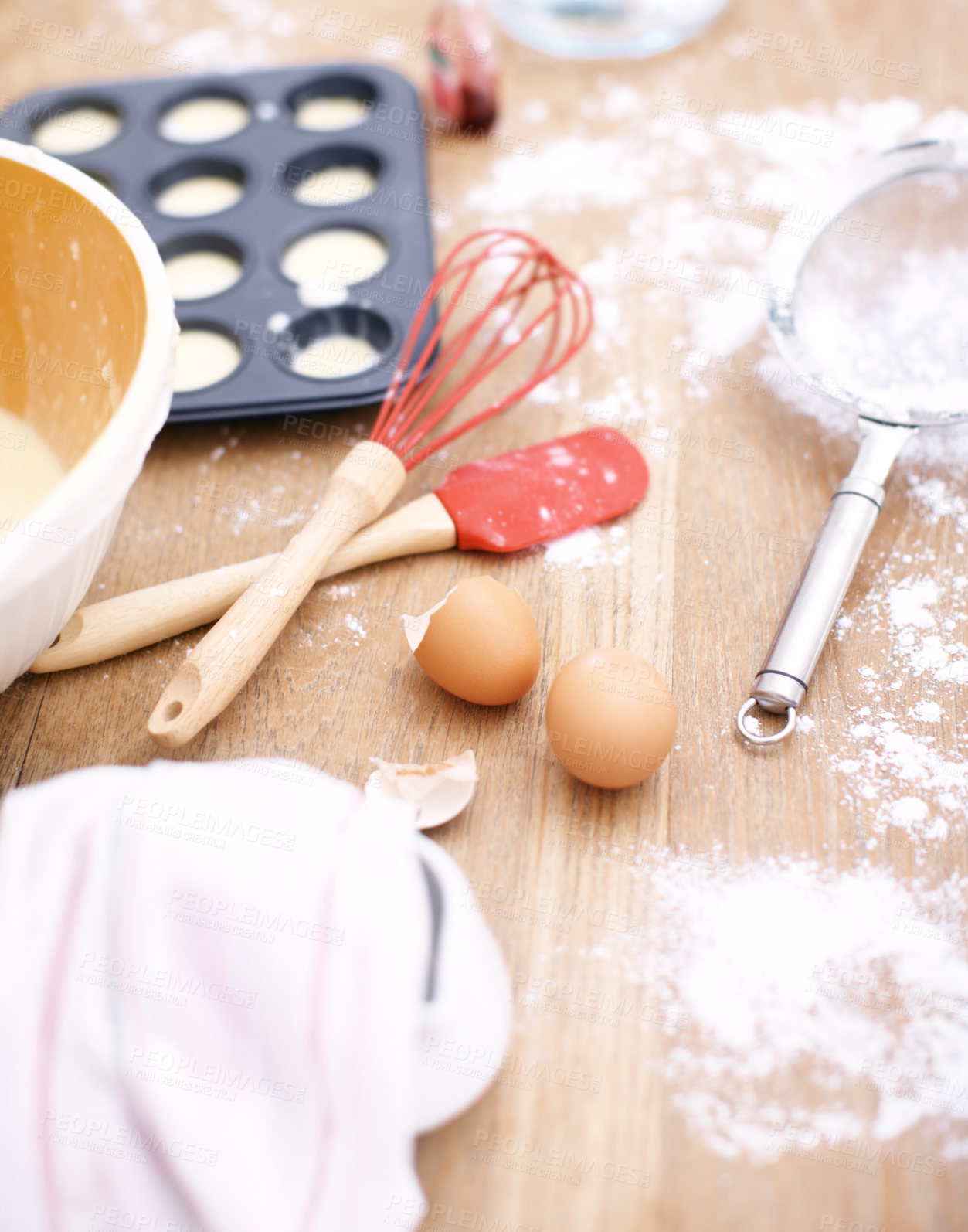 Buy stock photo Flat lay, ingredients and flour with eggs for cupcakes, spoon and whisk on kitchen counter. Preparation, sweets and food in home for baking and dessert for breakfast and cooking in apartment