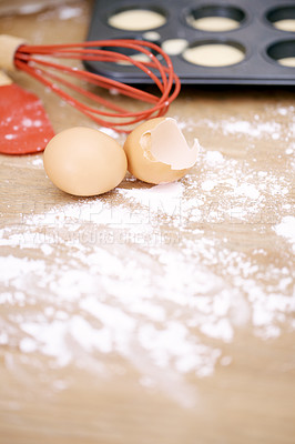 Buy stock photo Flour, baking and eggs with mess on table for cupcakes, breakfast and whisk on counter. Preparation, sweets and food for cooking, dessert and cake in kitchen for recipe, pastry and ingredients 