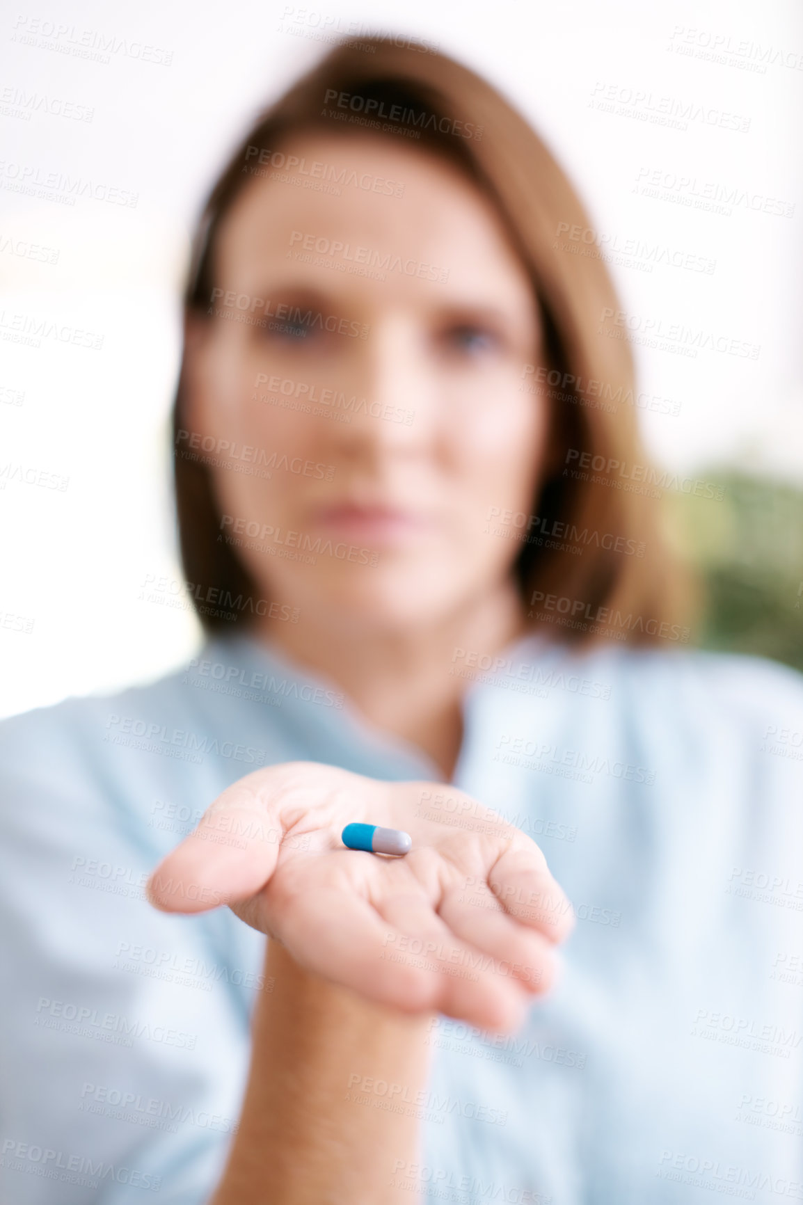 Buy stock photo Hand, pill or woman in home for healthcare, wellness or diet supplement for nutrition benefits. Medicine, capsule or closeup of palm with drugs, vitamin c or medical probiotics prescription treatment