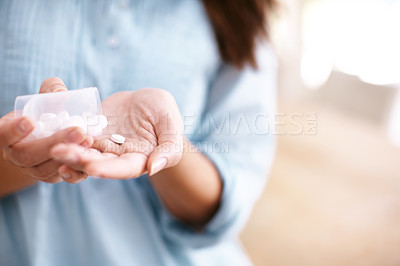 Buy stock photo Hands, tablet bottle or medicine in home closeup for healthcare, wellness or diet supplement for nutrition benefits. Person, pill product or palm with drugs, vitamin c or medical probiotics treatment