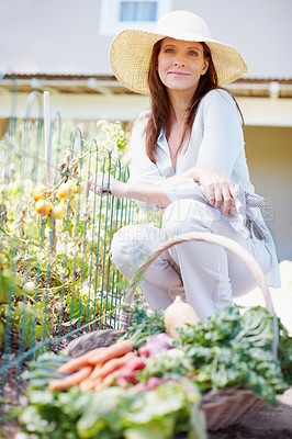Buy stock photo A beautiful woman crouches in her vegetable garden with a basket of freshly picked vegetables in front of her.