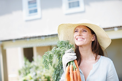 Buy stock photo Thinking, happy woman or vegetables in garden for food fresh crops in agriculture, backyard or nature. Farmer, diet ideas and organic carrots growth for harvest, sustainability or farming produce