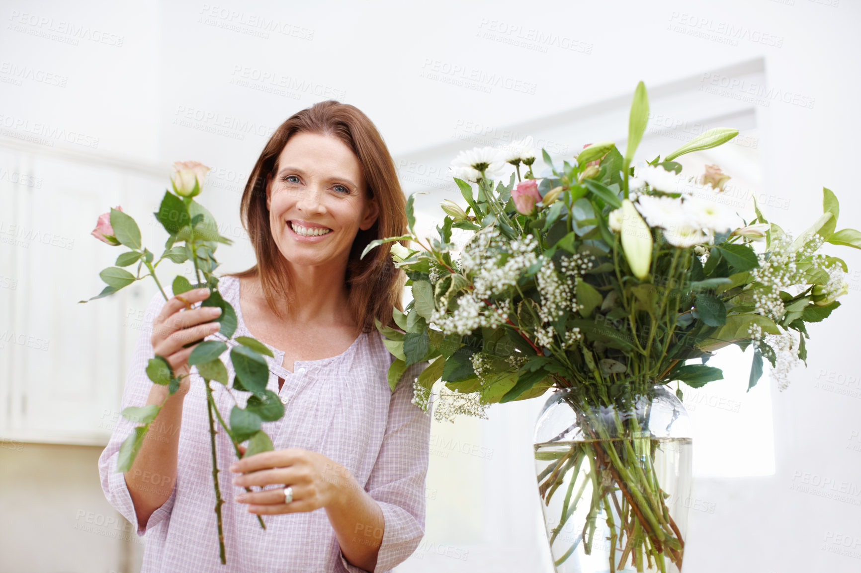 Buy stock photo Bouquet, smile and woman with flowers in vase for present, portrait and growth with gift or gardening. Floral, entrepreneurship and florist with plants, nature and arrangement for small business