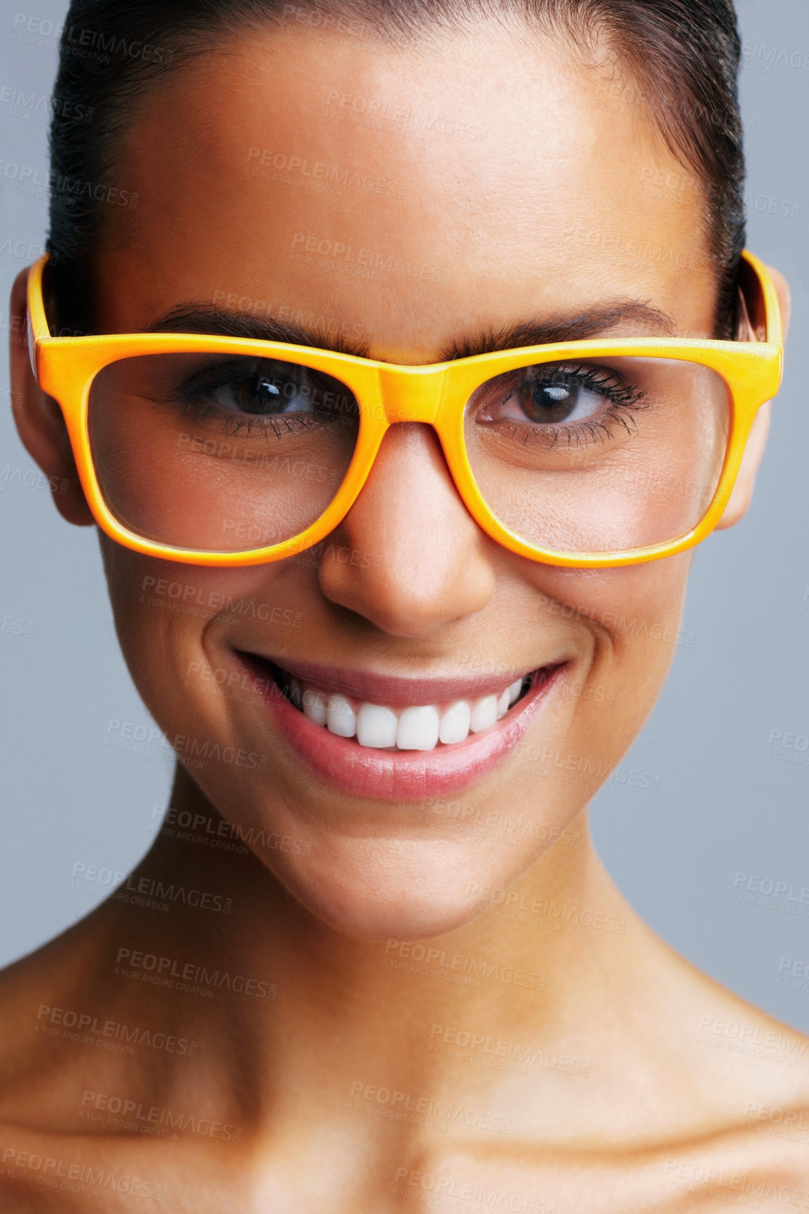 Buy stock photo Happy woman, portrait or glasses in studio for eyesight, healthcare and clear vision on grey background. Female person, smile or model with eye wear, optometry and prescription frames with spectacles