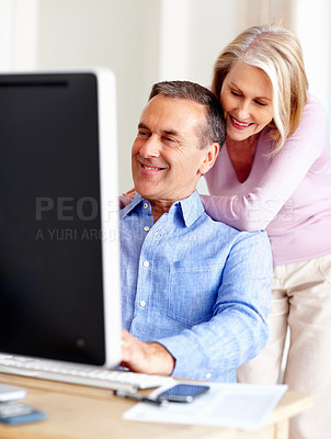 Buy stock photo Investment, planning or senior couple with computer in home for retirement savings or pension budget. Hug, financial news or mature man with a happy woman for house bills, profit growth or research