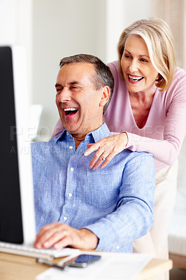 Buy stock photo Financial, laughing or mature couple with computer in home for retirement savings or pension budget. Planning, funny joke or man talking to happy woman for house bills, profit growth or news research