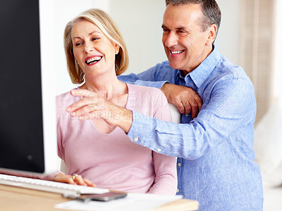 Buy stock photo Budget, laughing or mature couple with computer for retirement savings, news or pension in home. Planning, funny joke or man talking to happy woman for house bills, profit growth or research online