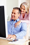 Cheerful mature couple with a man working on computer