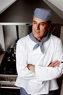 Buy stock photo Man, thinking and chef with arms crossed in kitchen for cooking, hospitality or culinary professional. Mature person, smile and planning at hotel restaurant for dinner cuisine, menu or service