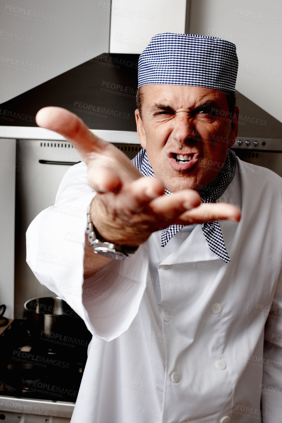 Buy stock photo Man, angry and chef with shouting in kitchen for cooking, hospitality or culinary professional. Mature person, furious and food industry at hotel restaurant for dinner cuisine, menu or service