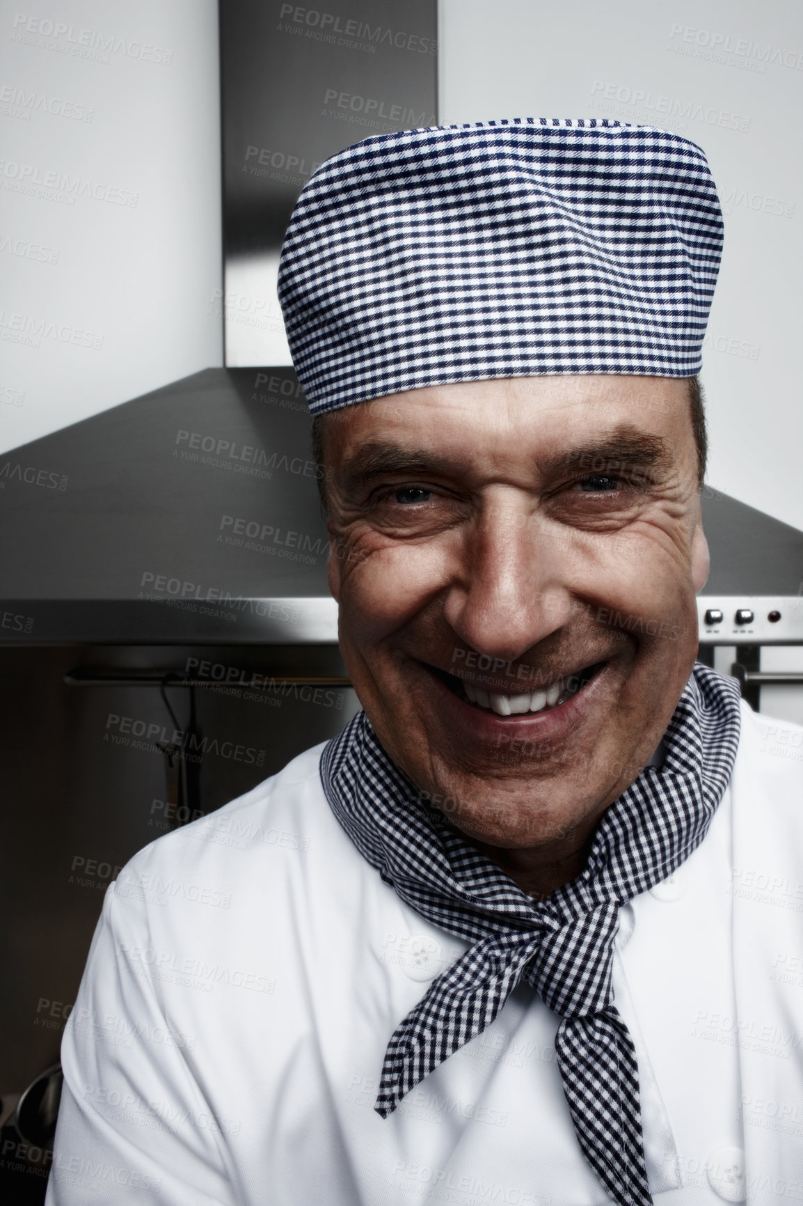 Buy stock photo Portrait, chef and smile of man in kitchen for cooking, career or job of employee in restaurant. Face, confidence and happy professional in catering service, hospitality and person working in France