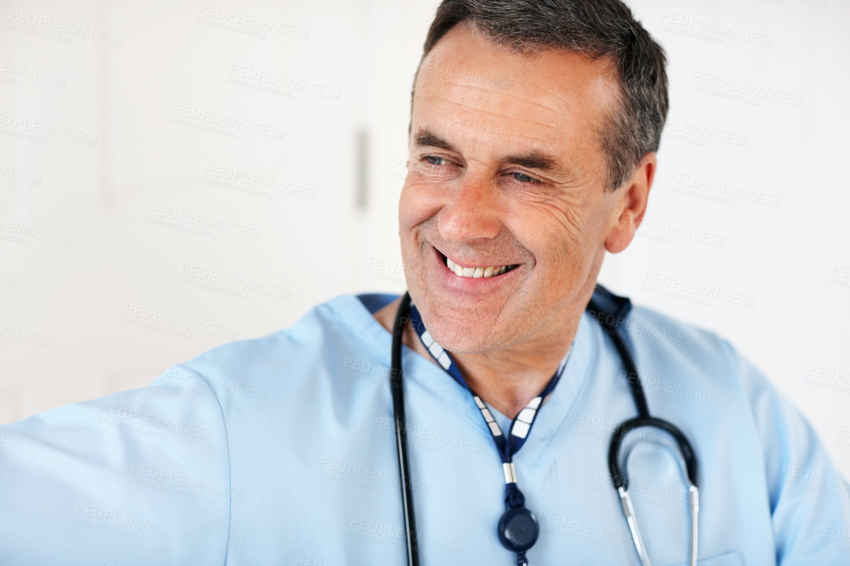 Buy stock photo Mature doctor, thinking and healthcare in clinic, man and planning for medical treatment or surgery. Person, nurse and ideas for medicine or cardiology, hospital schedule and physician for service