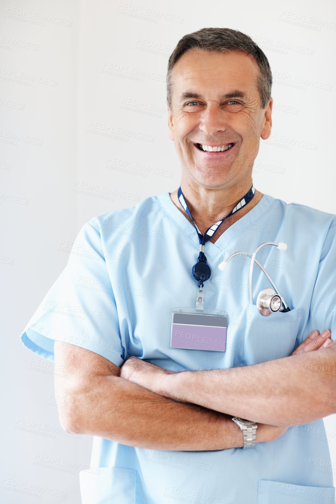 Buy stock photo Portrait, man and doctor with arms crossed, confidence and healthcare on white studio background. Mature, person and medical with professional, career ambition and doctor with pride and cardiologist