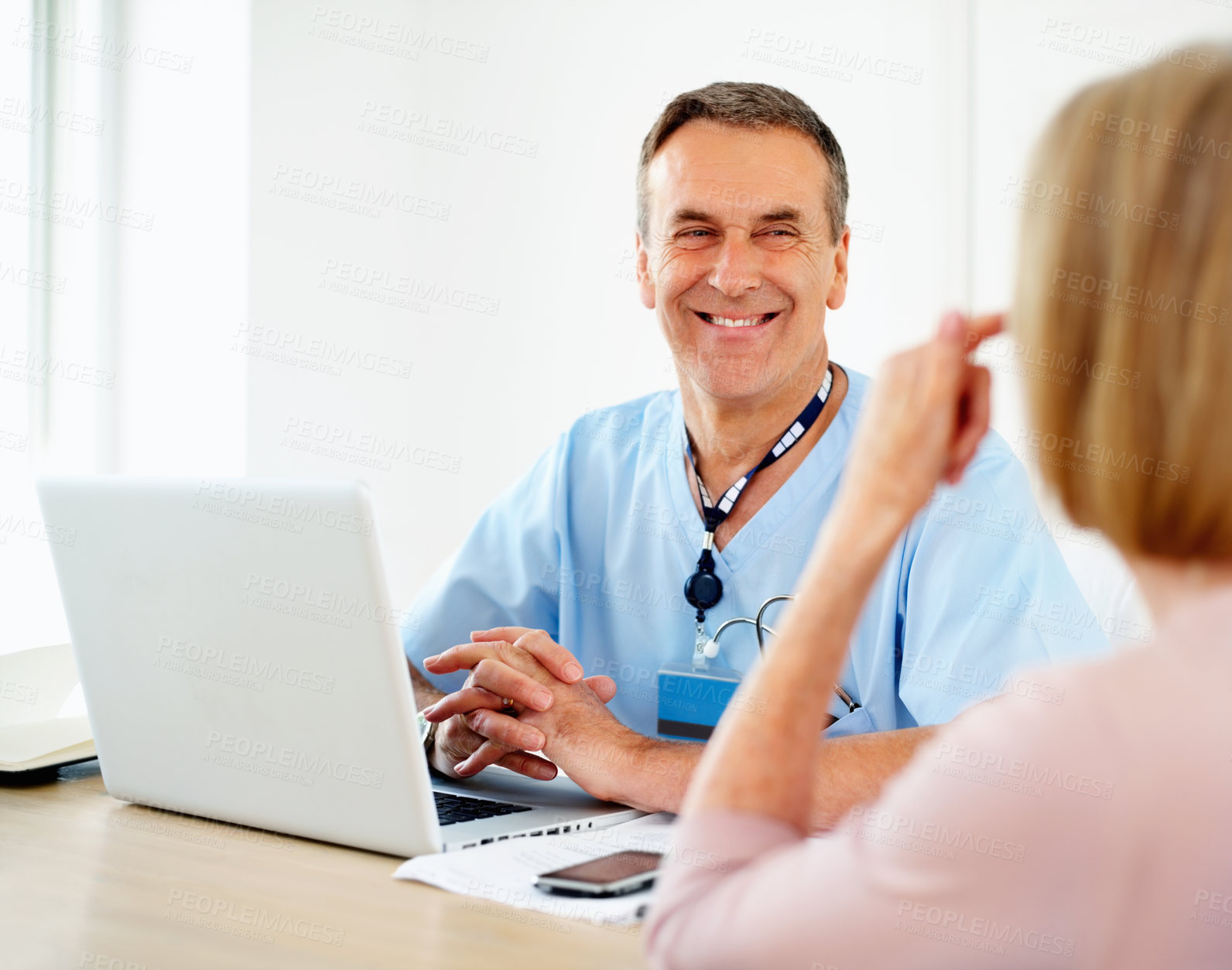 Buy stock photo People, laptop and doctor consultation with patient for healthcare, support and diagnosis in clinic. Gynecologist man, woman and computer to check pap smear results, menopause and online advice