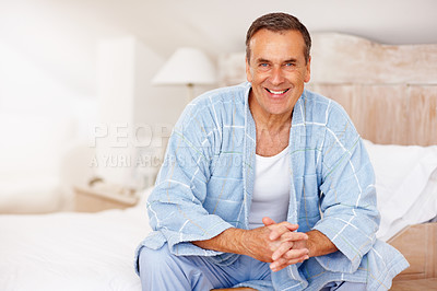 Buy stock photo Smile, portrait or elderly man in bedroom for rest, weekend relax or happy at beach house. Retirement success, senior person or calm in morning for financial security, good health or peace in Canada