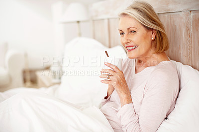 Buy stock photo Elderly woman, happy and drinking tea in bedroom for relax or comfort on weekend with break, rest and reflection. Senior, female person and remembering in thinking, morning routine and memory in home