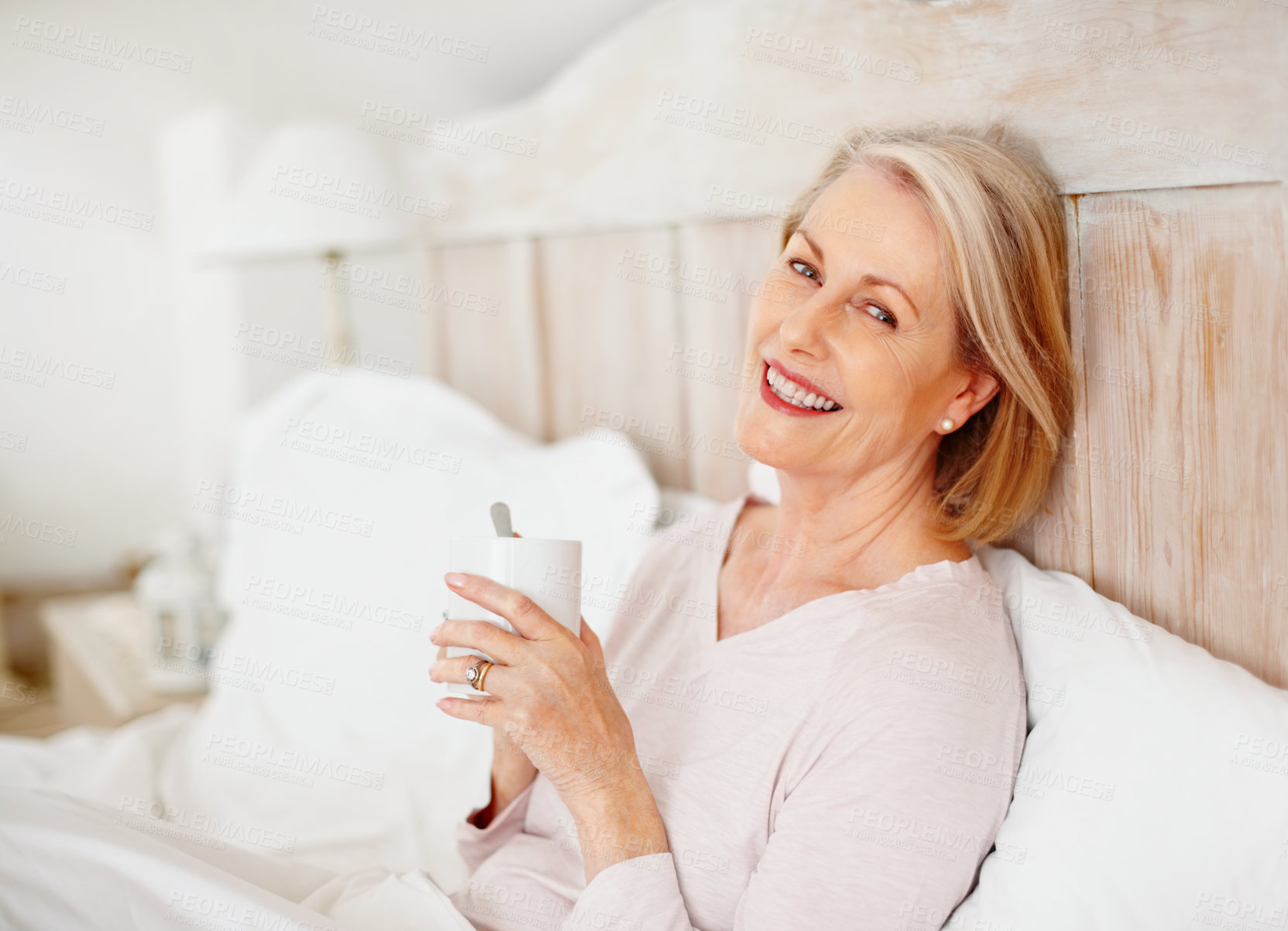 Buy stock photo Senior woman, portrait and drinking tea in bedroom for relax or comfort on weekend with break, rest and reflection. Elderly, female person and remember in happiness, morning routine or memory in home