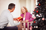 Loving mature man giving a present to wife near a Christmas tree