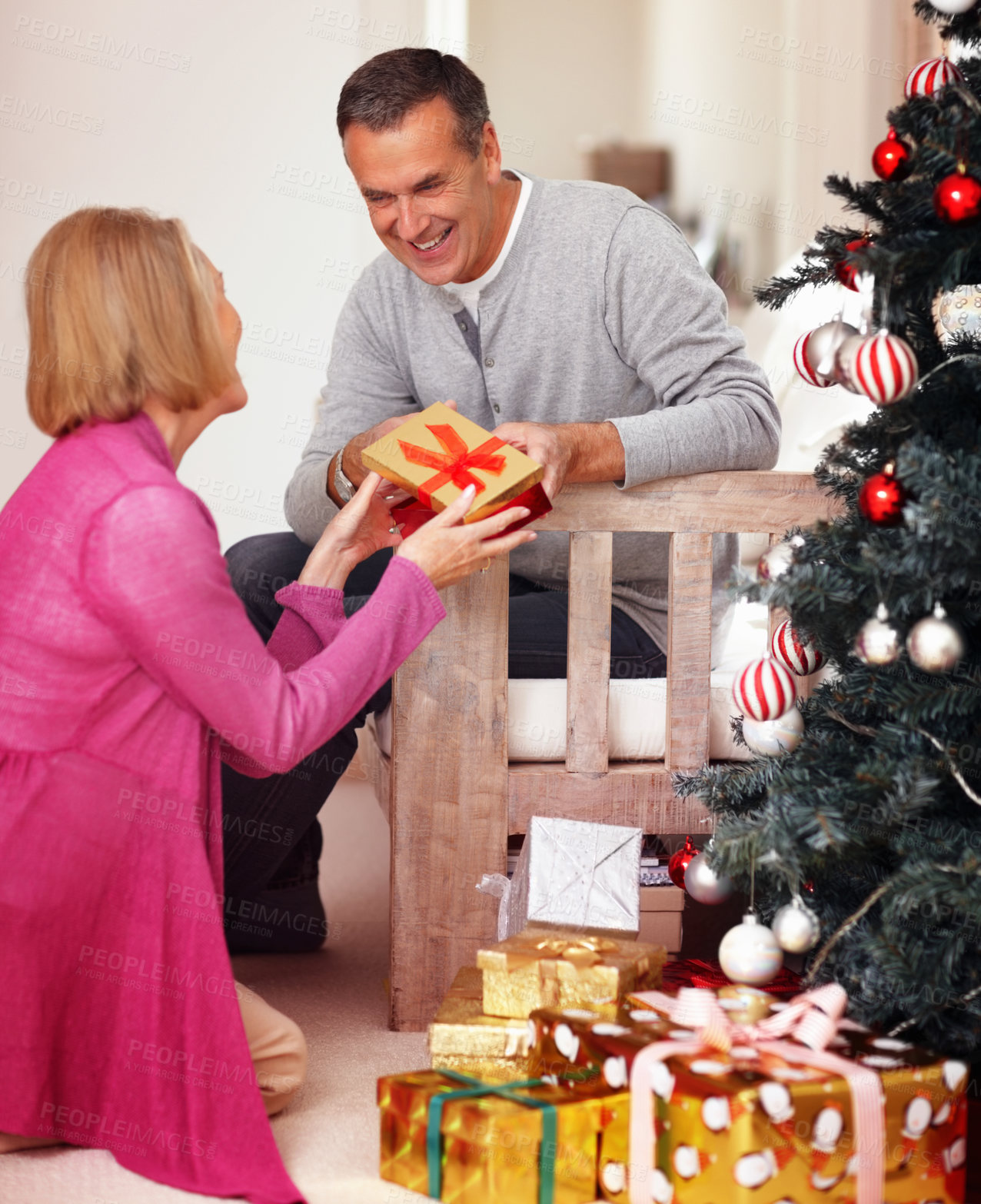 Buy stock photo Senior, happy couple and christmas with gift box for surprise or offer in festive celebration at home. Mature man and woman with smile for ribbon present, tree or December holiday together at house