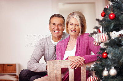 Buy stock photo Mature, portrait and happy couple with christmas tree for love, support or festive celebration at home. Senior man and woman with smile for in joy for December holiday or weekend together at house