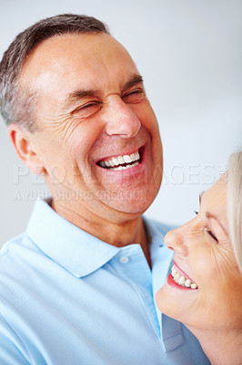 Buy stock photo Couple, laugh and face with smile for joke, love and romance for closeup of mature man. Support, retirement and funny and happiness for married people, retired and home for relax and humor together