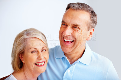 Buy stock photo Couple, laugh and face with smile for joke, love and romance for closeup of mature man. Support, retirement and funny and happiness for married people, retired and home for relax and humor together