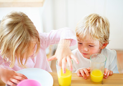 Buy stock photo Children, juice and curious in home in the morning with food, kids and glass ready for eating. Family, dinner table and hungry young child with meal for health and nutrition in a house with breakfast