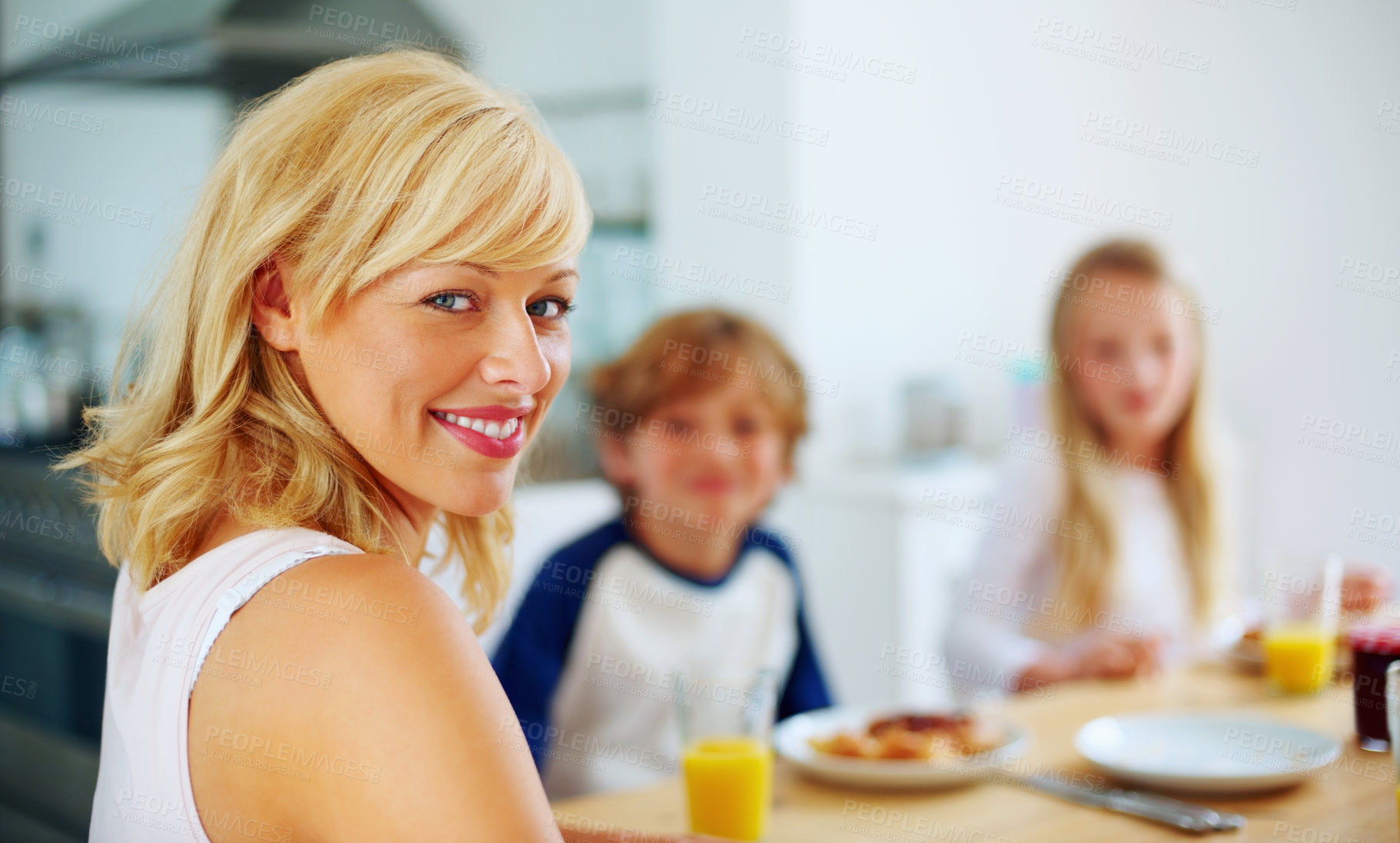 Buy stock photo Portrait, children and family with mother, breakfast and happiness with healthy meal, food and bonding together. Face, mama and kids with nutrition, morning and love with joy, home and kitchen