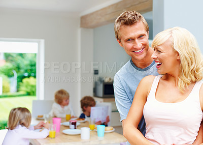 Buy stock photo Breakfast, mother and father in hug at table in home with children eating together in morning. Healthy, food and portrait at brunch with kids, mom and dad or nutrition in diet for energy and wellness