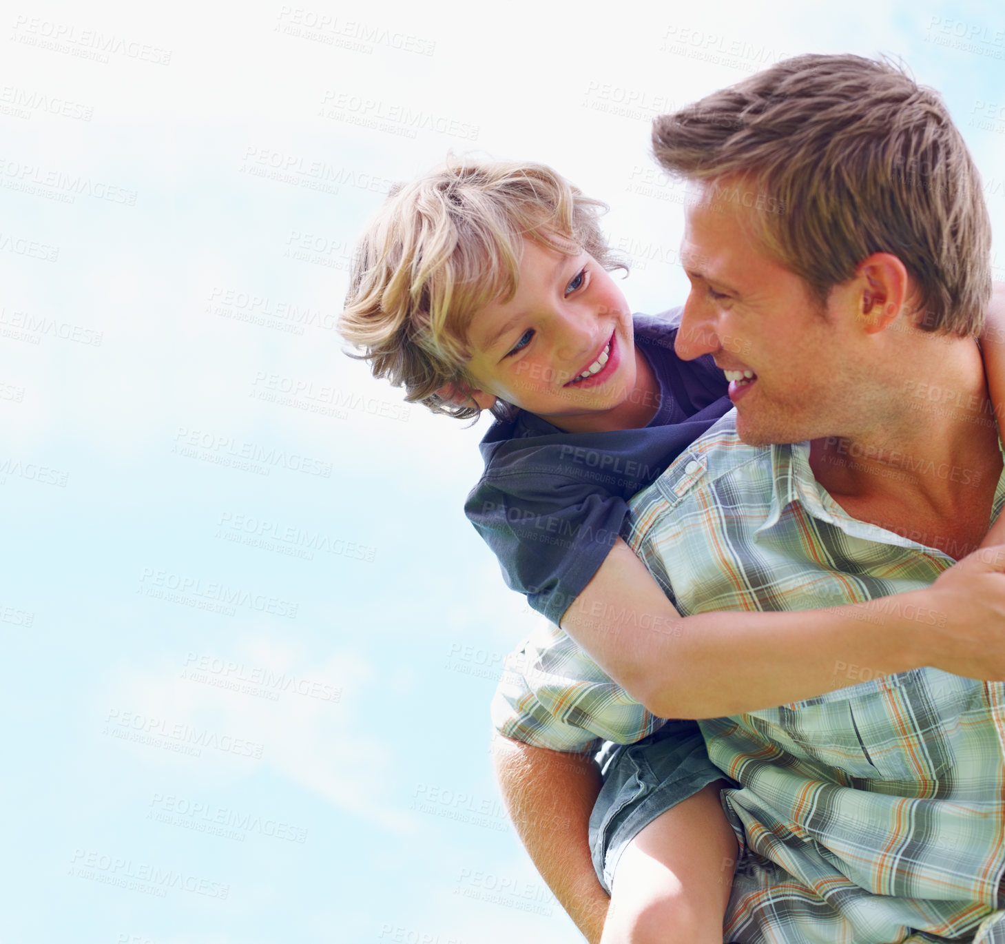 Buy stock photo Father, son and happy outdoor with piggyback for bonding, relationship and freedom with blue sky or mock up. Family, man and boy child with playing, care and love for excitement, peace and support