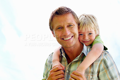 Buy stock photo Father, son and portrait or happy with piggyback for bonding, relationship and freedom with sky in nature. Family, man and boy child with playing, care and love for excitement, mock up and support