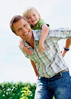 Buy stock photo Father, son and portrait outdoor with piggyback for bonding, relationship and freedom in backyard of home. Family, man or boy kid with playing, care and love for happiness, peace or support in garden