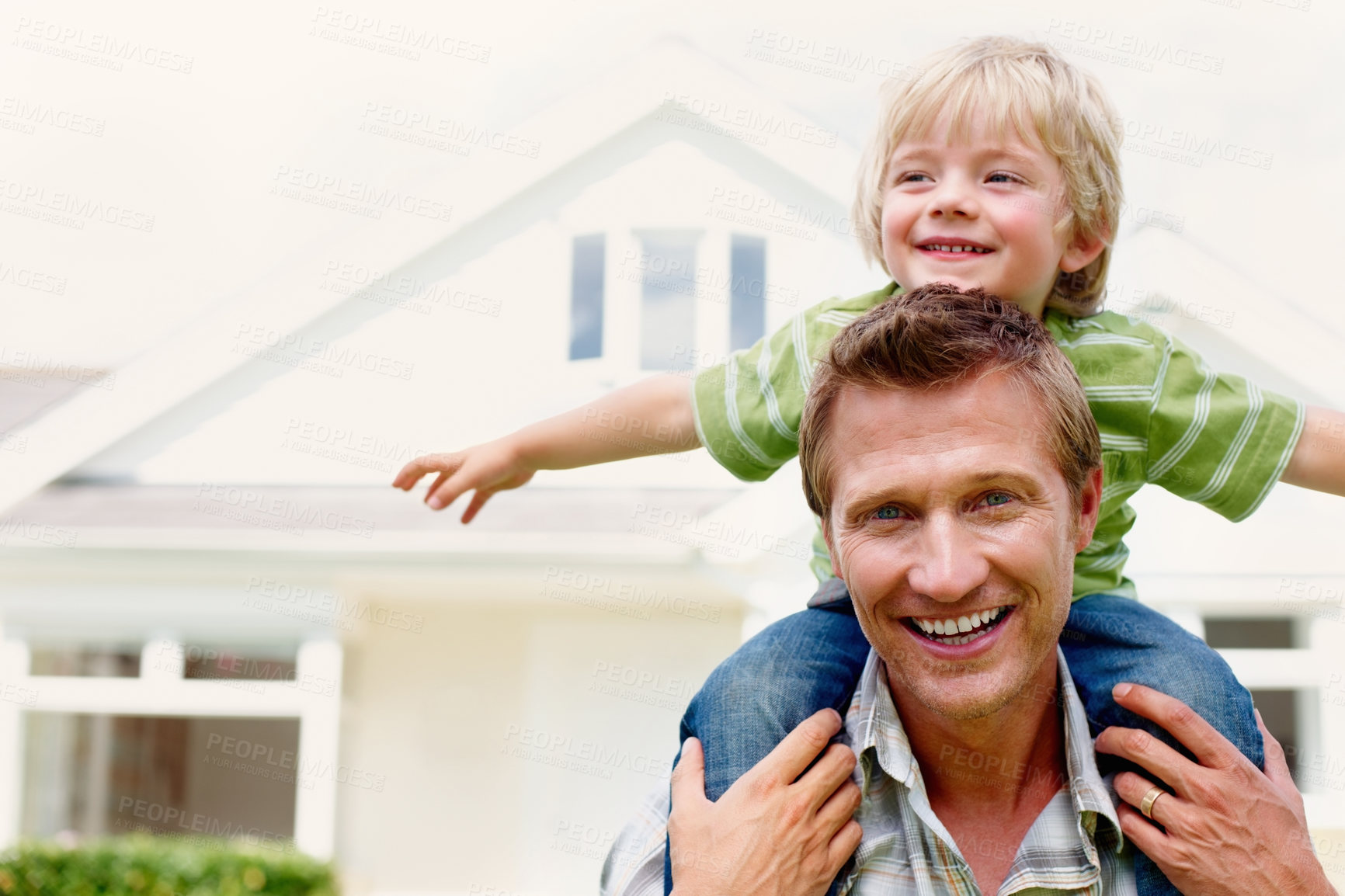 Buy stock photo Father, son and happy outdoor with piggyback for bonding, relationship and freedom in garden of house. Family, man or boy child with playing, flying and love for excitement, peace and support at home