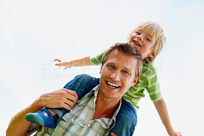 Buy stock photo Father, son and portrait outdoor with piggyback for bonding, relationship and freedom with mock up in nature. Family, man and boy child with playing, flying and love for happiness, peace and support