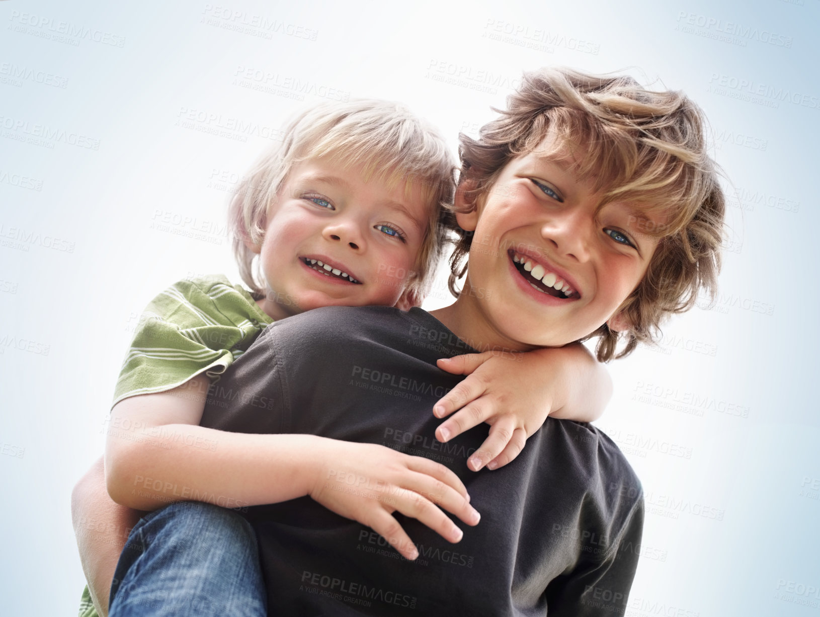 Buy stock photo Siblings, boy and brother or portrait with piggyback for bonding, relationship and freedom with blue sky. Family, male person or kids with play, care and love for happy, peace or support in nature