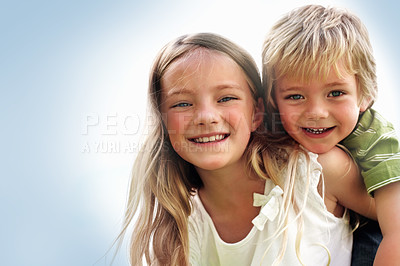 Buy stock photo Siblings, sister and brother or portrait with piggyback for bonding, relationship and freedom with blue sky. Family, girl and boy kid with play, care and love for happy, peace or support with mock up