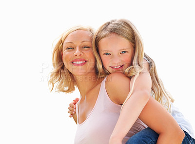 Buy stock photo Portrait, piggy back and mother with girl, smile or fun with happiness, bonding together or outdoor. Face, family or mama carrying daughter with joy, play or love on white background and mockup space