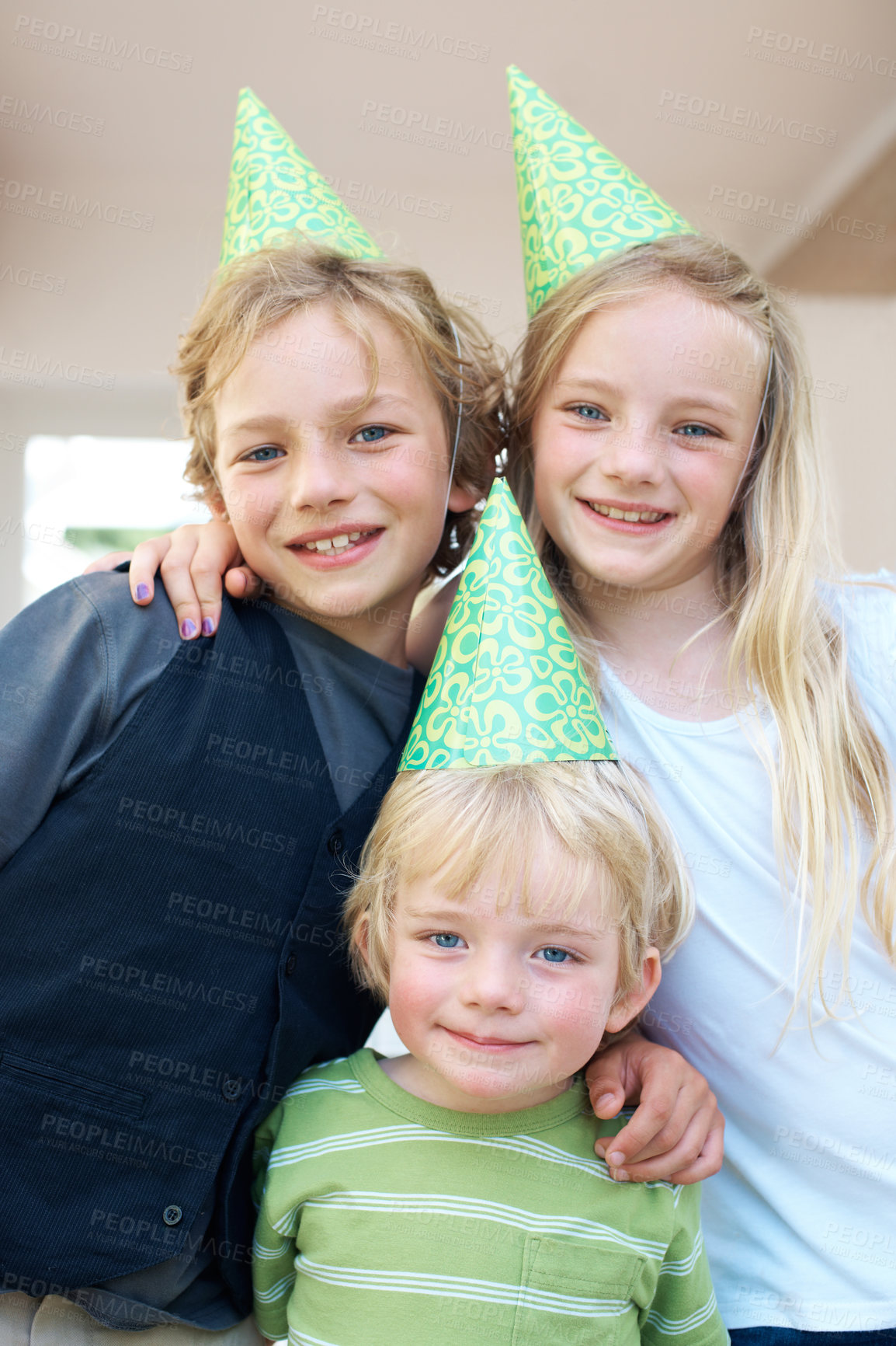 Buy stock photo Family, children and portrait at birthday party, smile and celebration together in home. Happy kids, siblings and hat for event, face and bonding, care or support of brother, sister and girl in house