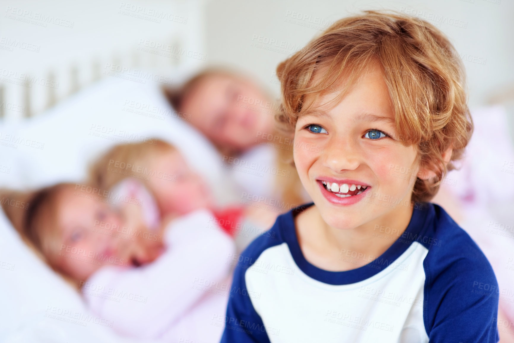 Buy stock photo Happy, child and thinking with siblings on bed, love together and hug bonding on weekend in home. Boy, face or smile with thought in bedroom, family support or positive care in apartment for wellness