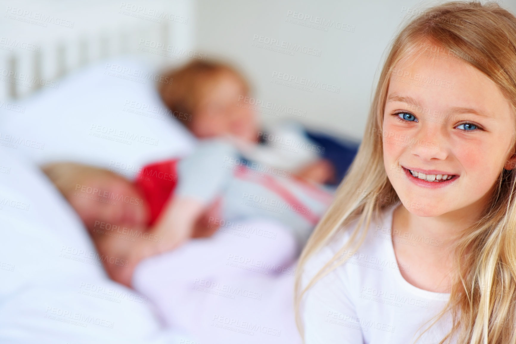 Buy stock photo Child portrait, smile and family on bed with love together, hug and bonding with relax wellness in home. Girl, face and happiness in morning for support, care and peace with positive kid in apartment