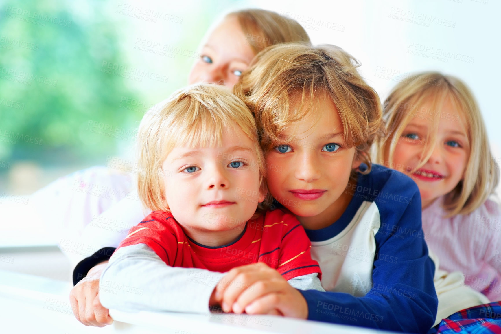 Buy stock photo Portrait, bed or children with brother and sister siblings in their home together to relax. Family, love or bonding with cute boy and girl kids in the bedroom of their apartment on the weekend