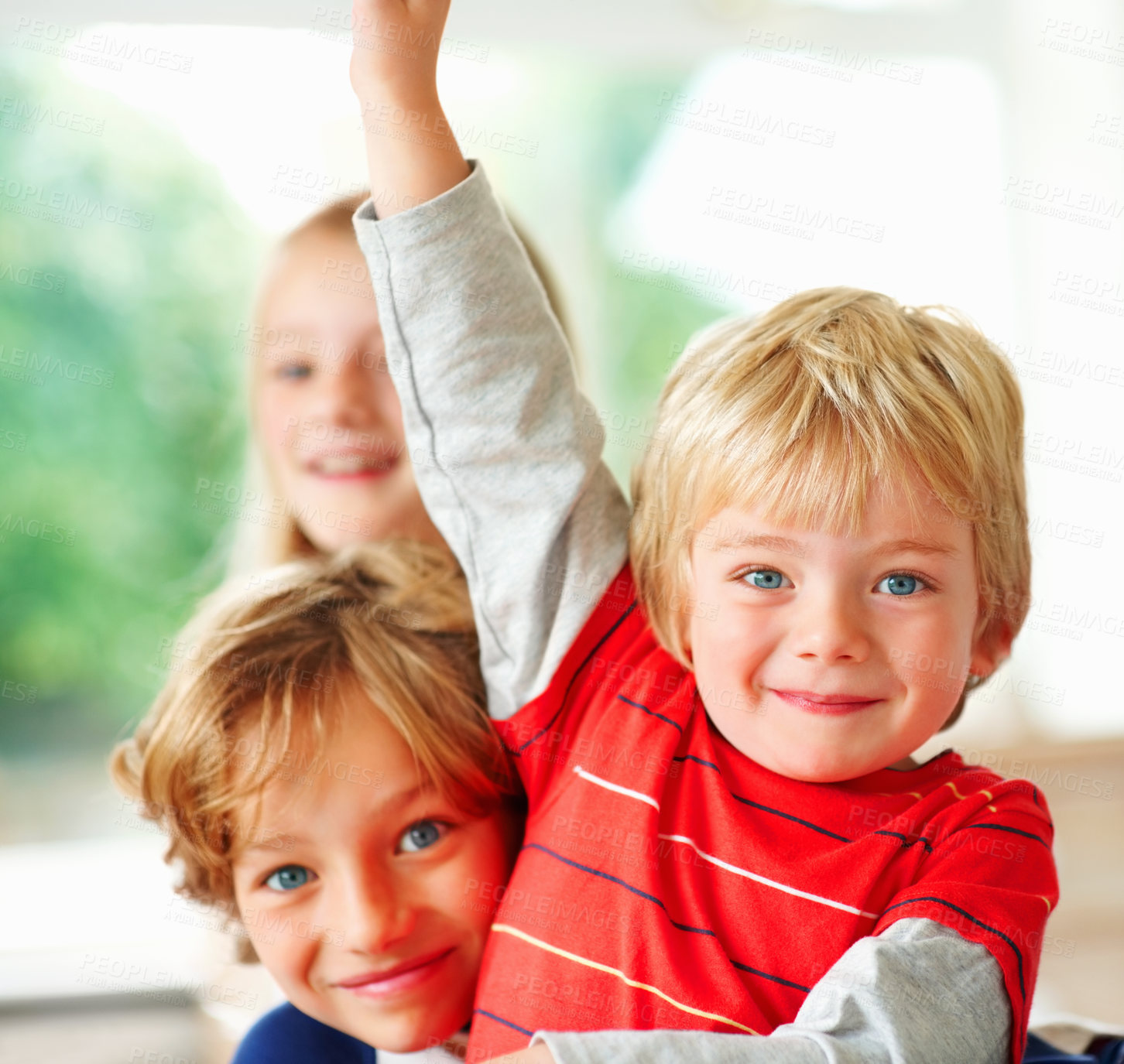 Buy stock photo Happy, kids and portrait of siblings in home for bonding, love and relationship together. Family, childhood and face of young children, brother and sister for playing, fun and relax in living room