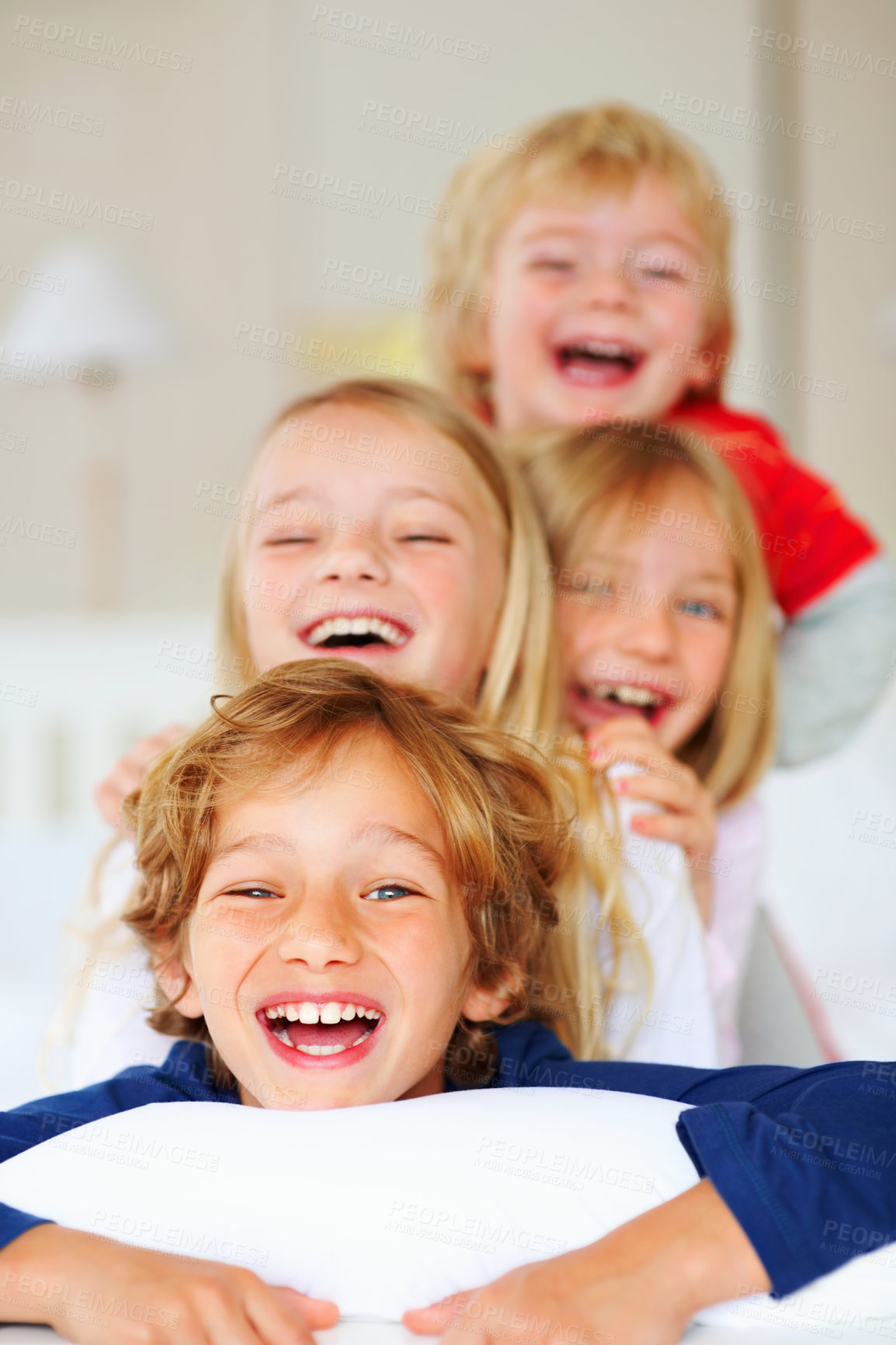 Buy stock photo Happy, laugh and portrait of sibling children in home for bonding, love and cute relationship on sofa. Family, childhood and face of young kids for playing, fun and relaxing in living room together