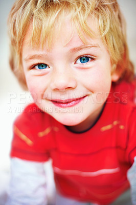 Buy stock photo Portrait, smile and young boy child, cute or innocent isolated on studio background. Face, happy blonde kid or positive facial expression, adorable model or schoolboy in casual clothes in Switzerland