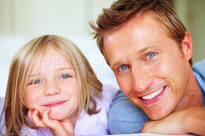 Buy stock photo Smile, portrait and father with child on bed for bonding, relaxing and spending time together. Happy, love and young dad chilling and resting with girl kid from Australia in bedroom at family home.