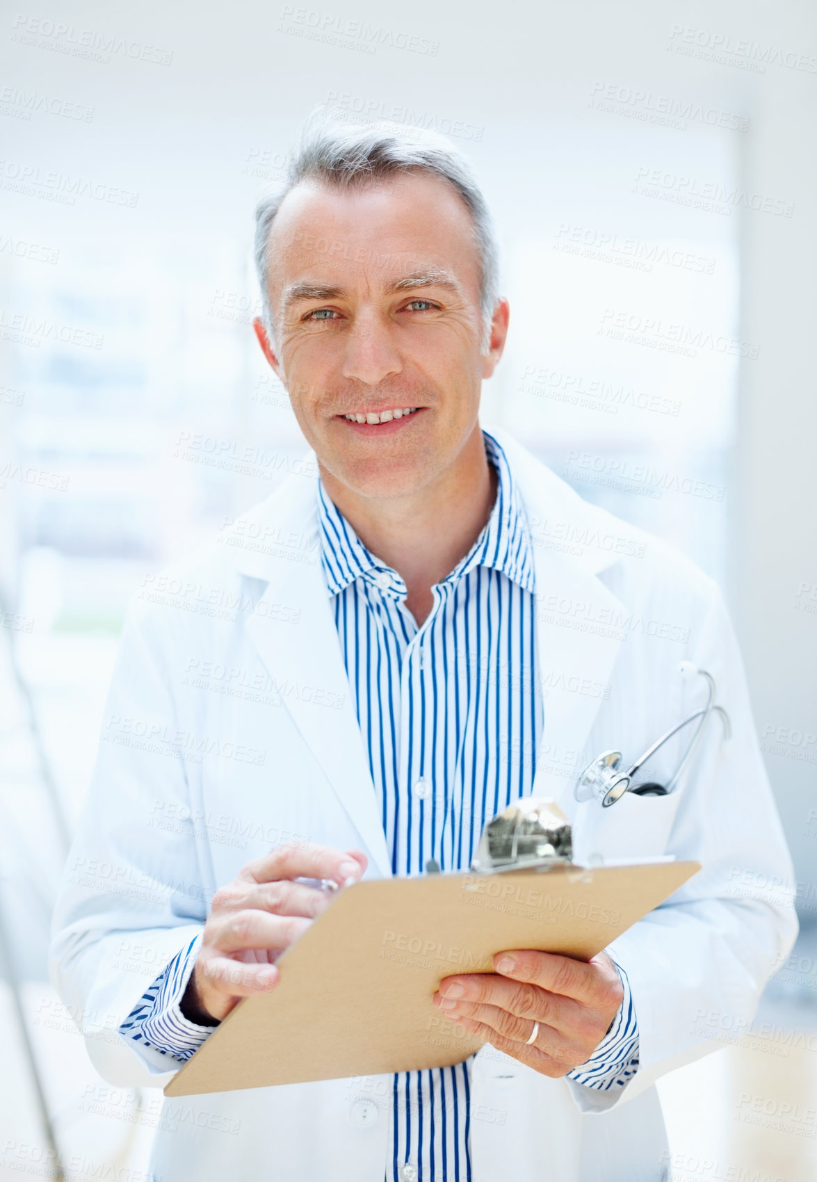 Buy stock photo Health, question and portrait of doctor with clipboard, chart or survey for insurance and medical information. Surgeon, man and planning with paperwork, report or checklist at clinic or hospital